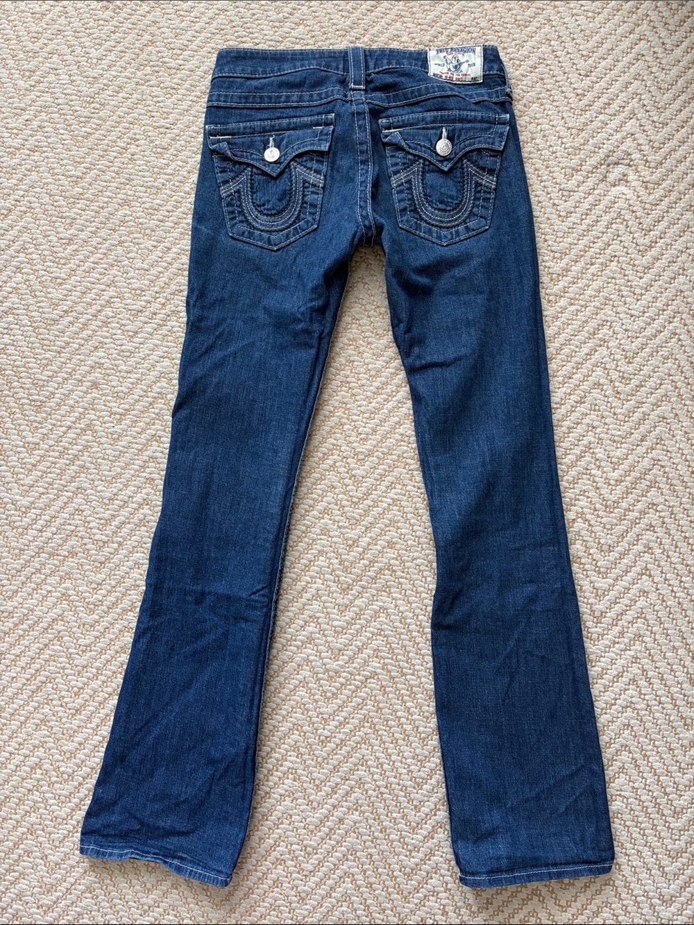 True Religion Dark Blue Flare Jeans with Signature Pocket Stitching, Size 27
